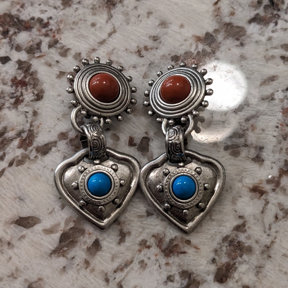 Robert Rose Clip On Dangle Earrings Southwestern Silver